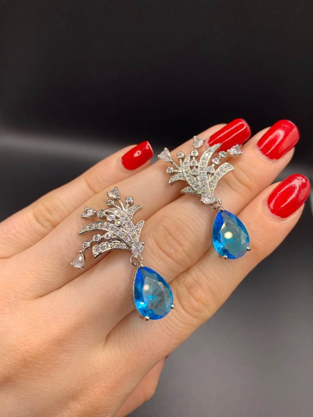 Crystal Teardrop Dangle Earrings in Bright Blue